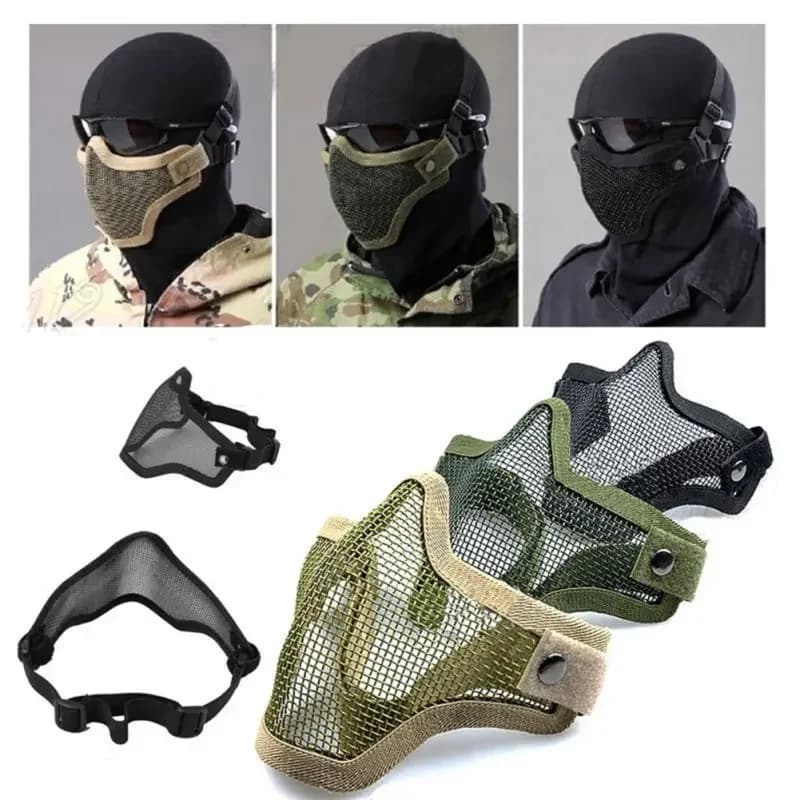 Masque camouflage tactique demi-visage maillage acier pêche airsoft accessoires chasse protection
