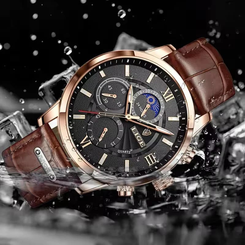 Montre homme luxe LIGE cuir étanche - Marque haut de gamme, mouvement quartz, style sport élégant