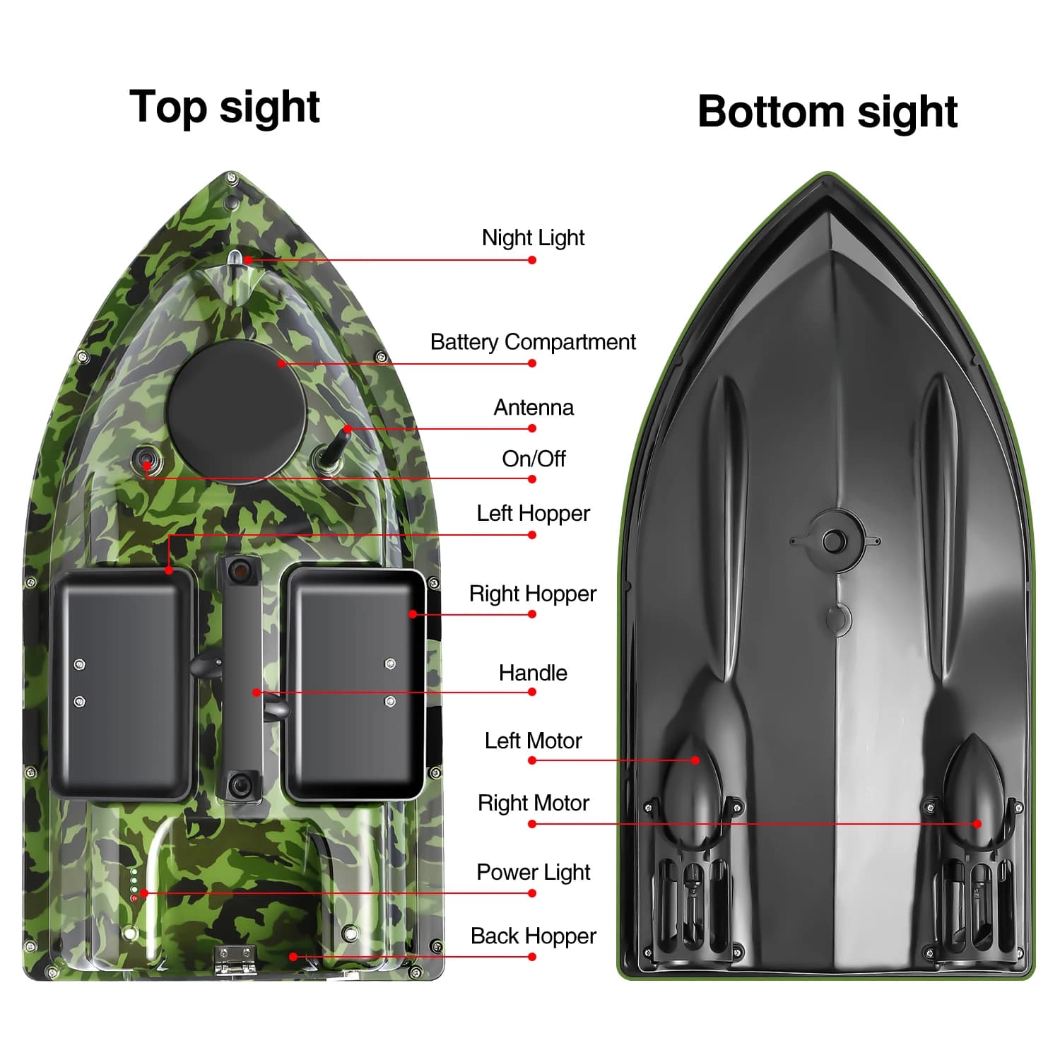 Bateau appât télécommandé 500M camouflage avec sondeur GPS et 3 catapultes pour pêche au loin