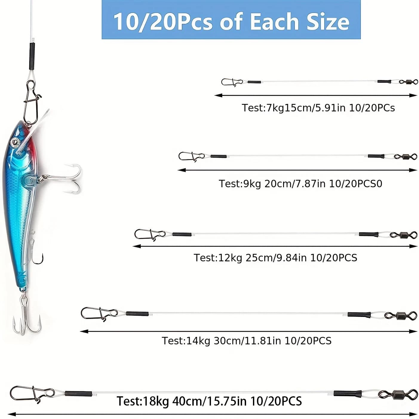 Ligne de pêche fluorocarbone YOTO 100% invisible, bas de ligne avec émerillon rapide 7-18kg