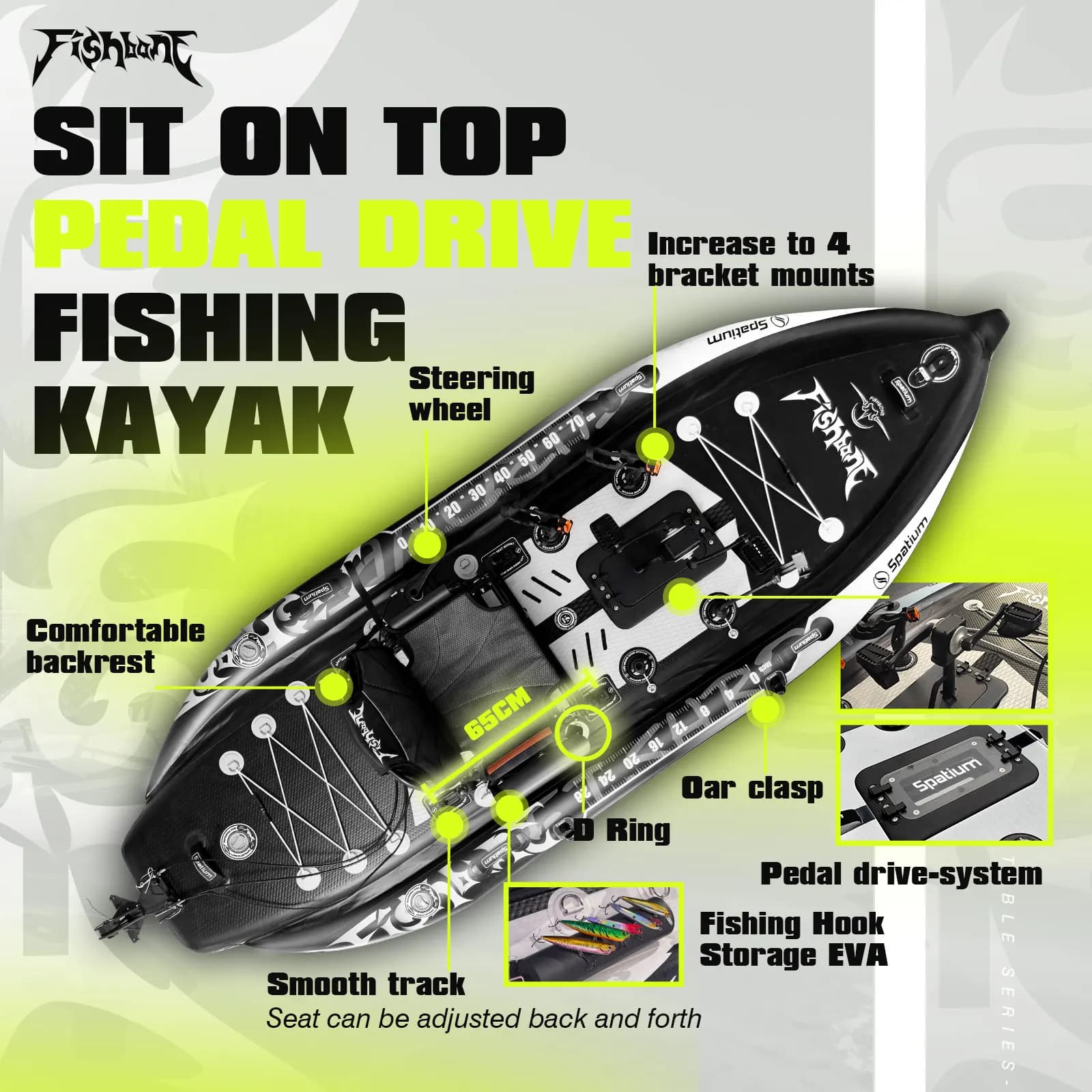 Système de pédalier pour kayak de pêche Spatium 11 pieds capacité 300kg orientation pieds pour bateau