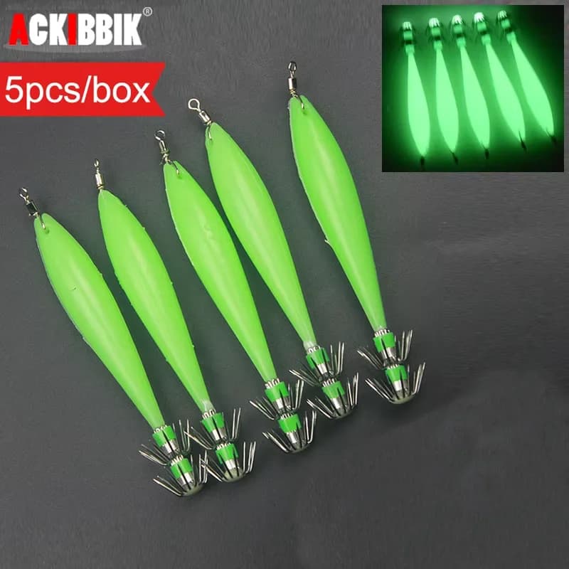 Ackibbik 5 leurres luminescents pour pêche au calmar et poulpe - hameçons spéciaux céphalopodes