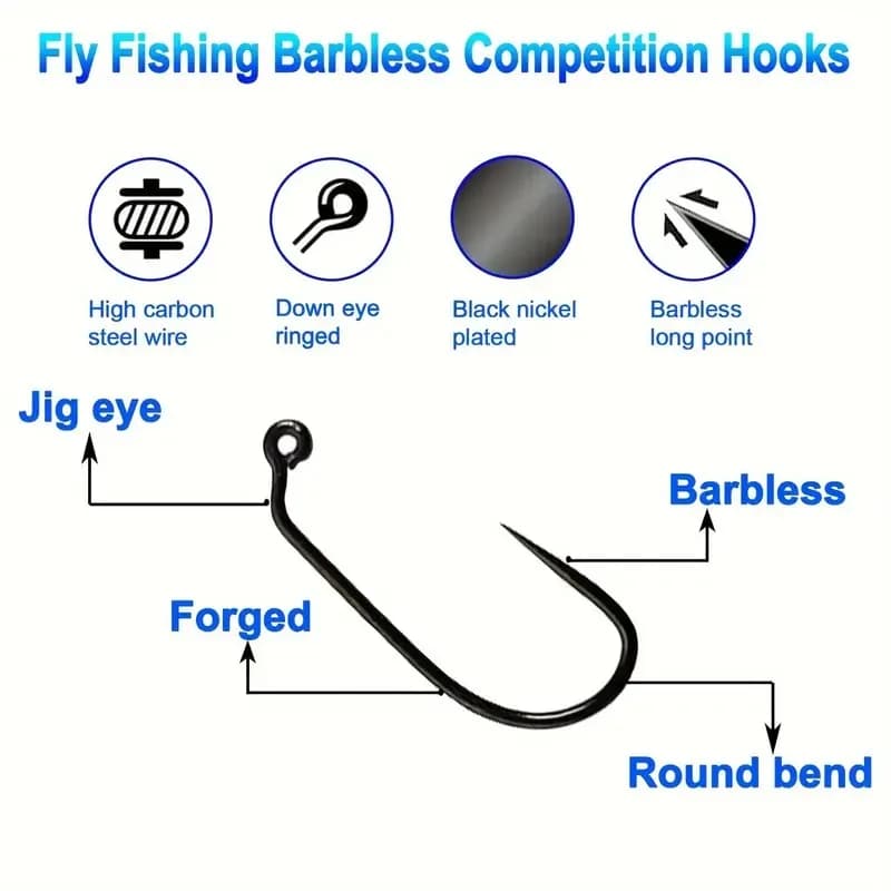Lot de 50 hameçons de pêche à la mouche sans ardillon pour sèche, nymphe et crevette,