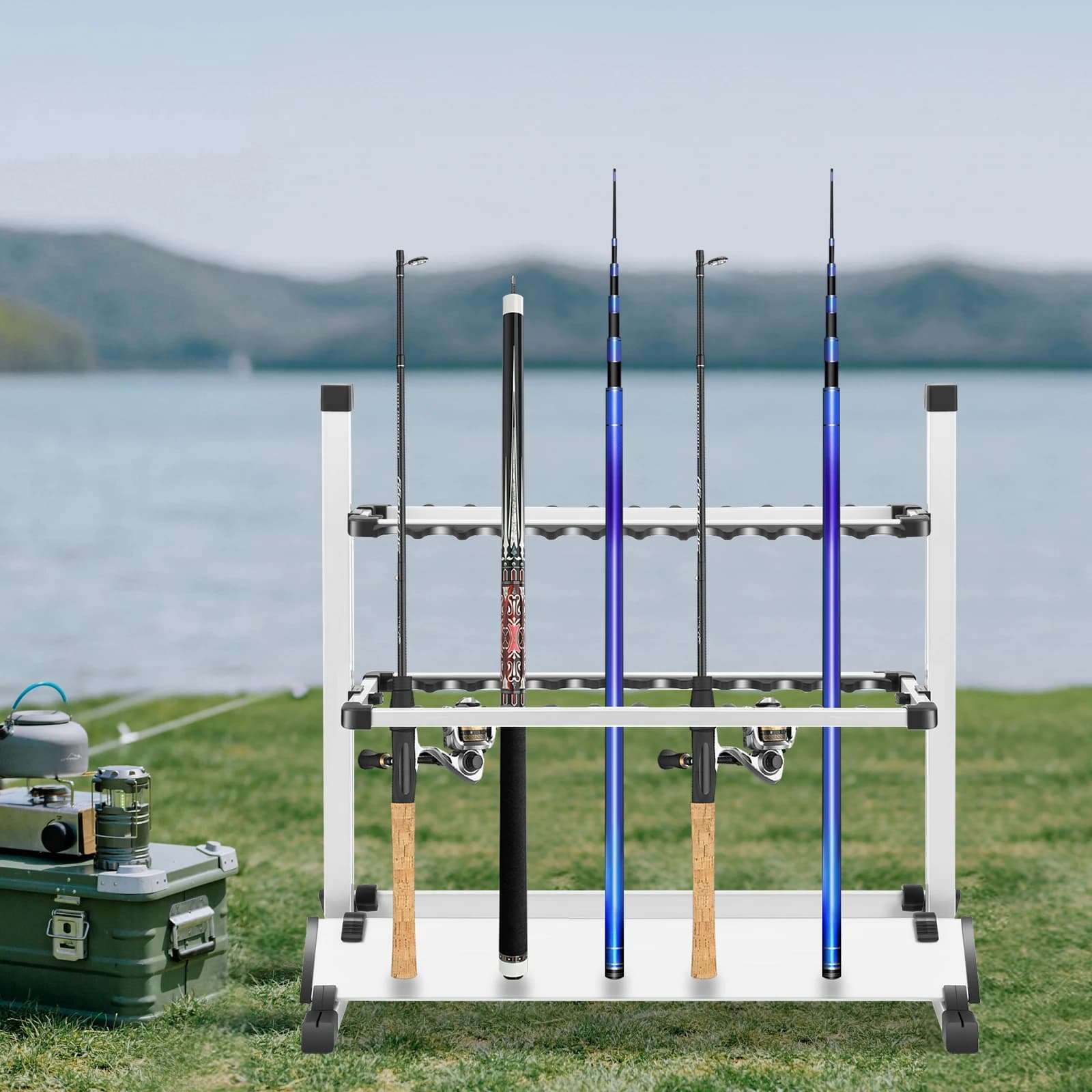 Rangement cannes à pêche rack 24 porte-cannes aluminium portable support rapide accessoires pêche organisateur