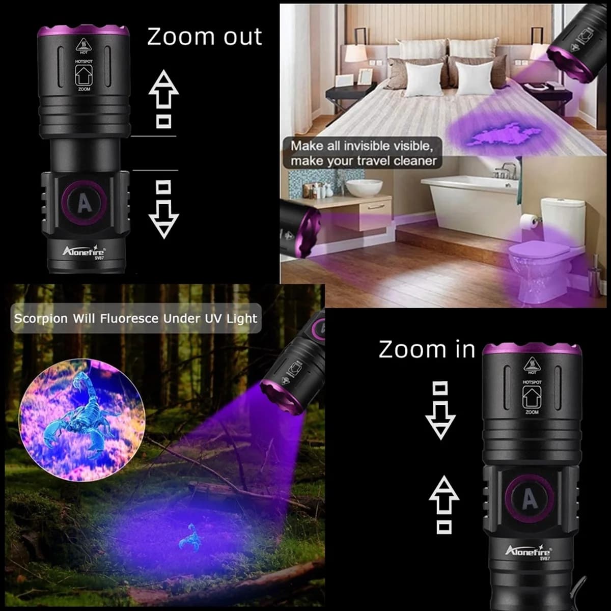 Lampe UV LED zoom rechargeable Type-C - Détection invisible encre urine animaux fluorescence
