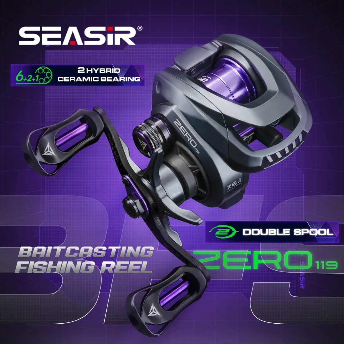 Moulinet baitcasting Seasir ZERO119 BFS 119g - Fibre carbone 7.6:1 double bobines pour pêche légère