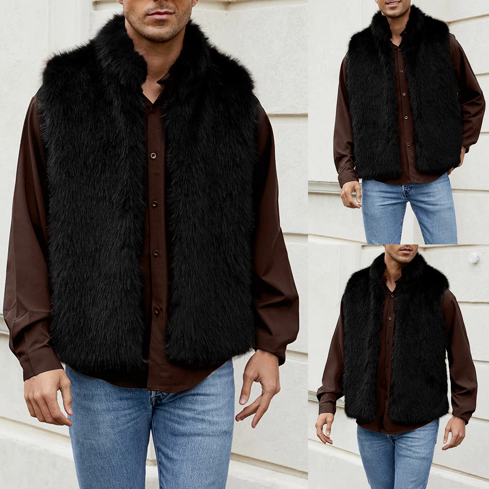 Gilet pêche homme imitation fourrure - Veste sans manches hiver - Vêtement pêche décontracté