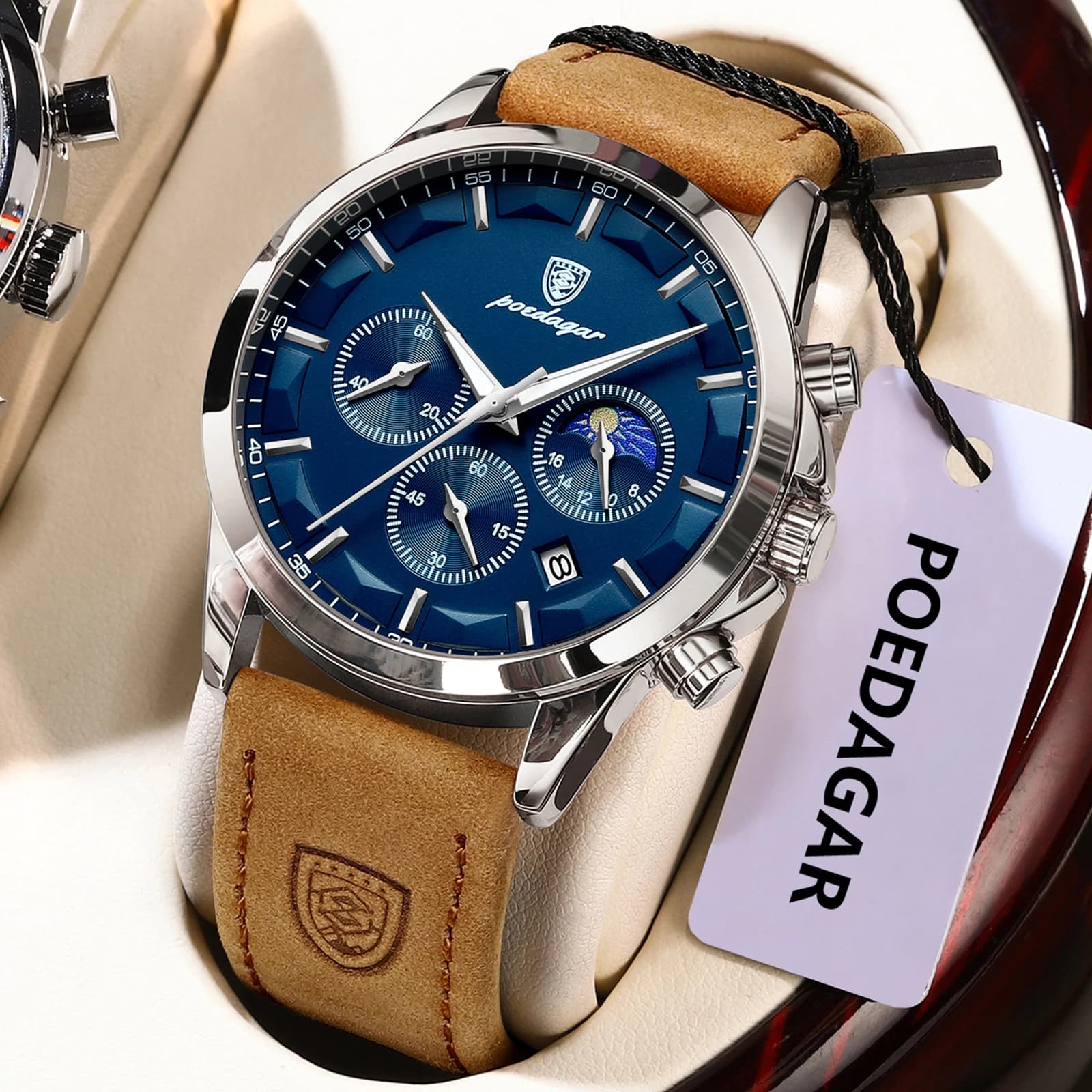 Montre homme luxe étanche chronographe militaire sport pêche avec cadran lumineux et bracelet cuir
