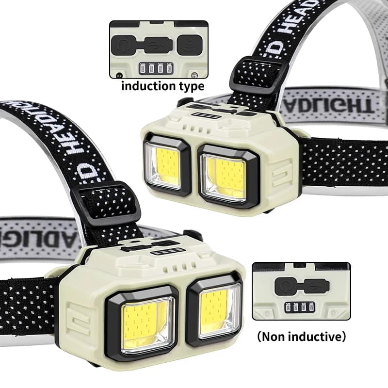 Lampe frontale COB puissante étanche rechargeable USB pour pêche, camping et activités outdoor