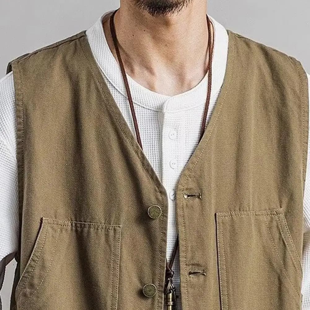 Veste de pêche sans manches pour homme, style coréen à col V avec poches pratique extérieure