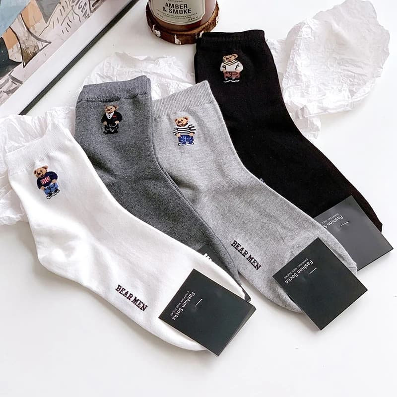 Chaussettes homme ours gentleman cartoon coton style Harajuku sport skate cadeau Noël pêche