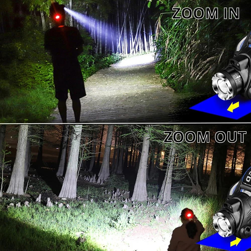 Lampe frontale LED T6 waterproof pour pêche - 3 modes et zoom, alimentation 2x18650 batteries