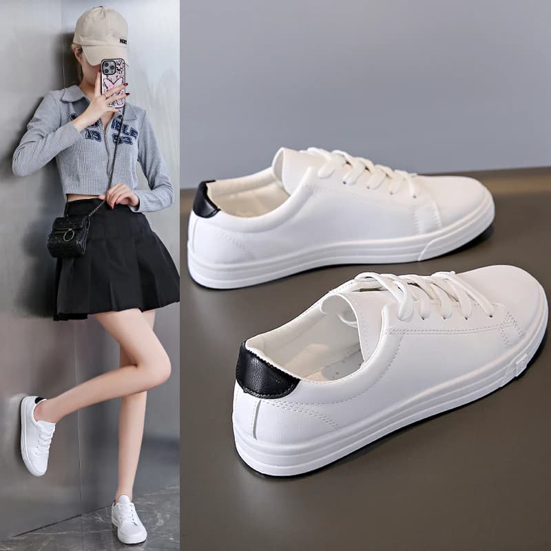 Baskets casual femme pêche étudiantes - Chaussures sport cuir PU blanc vulcanisées