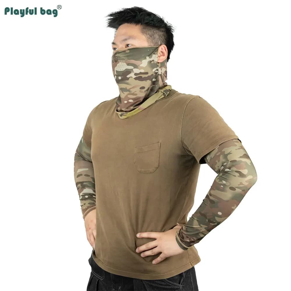 Set camouflage pêche Outdoor CP : casquette feuilles, gants tactiques, manches soie glacée, masque demi-visage