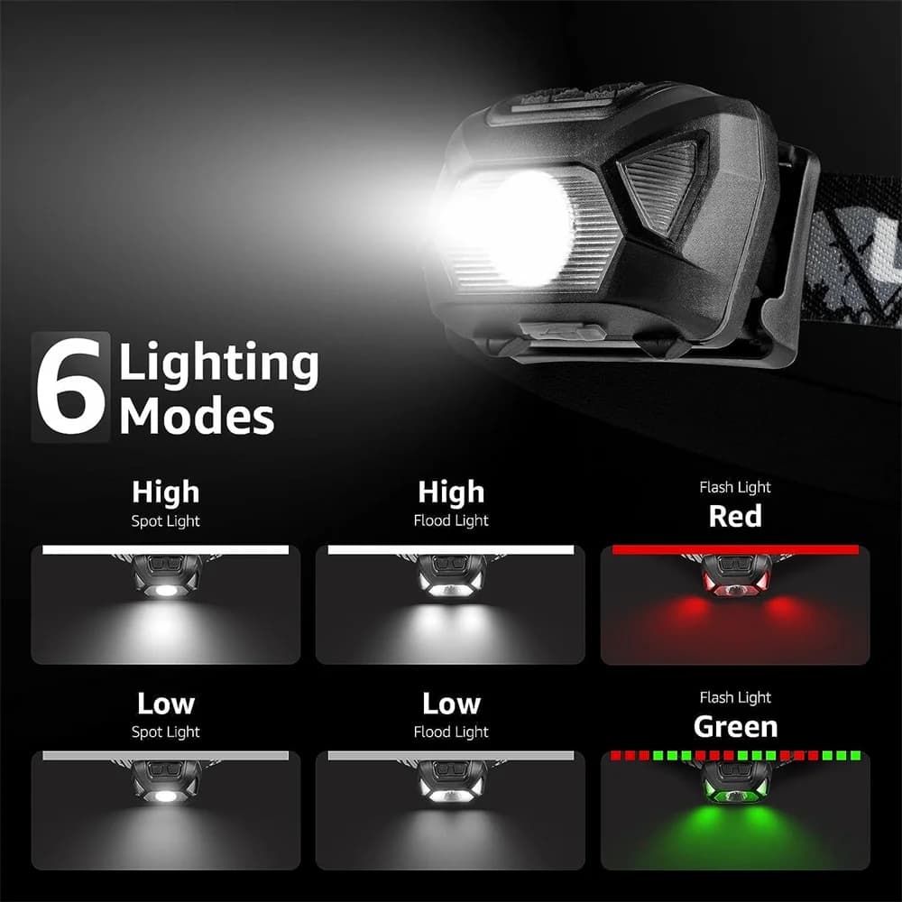 Lampe frontale pêche 6 modes USB rechargeable étanche IPX4 avec lumières rouge et verte