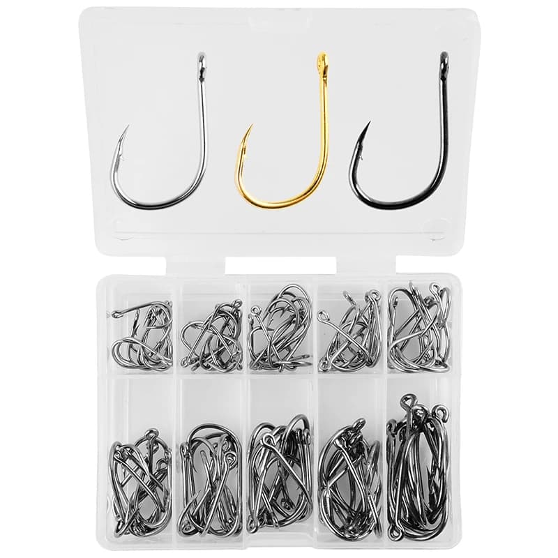 Boîte 100 hameçons pêche 10 séries acier haute teneur carbone pour carpe et pêche à la mouche