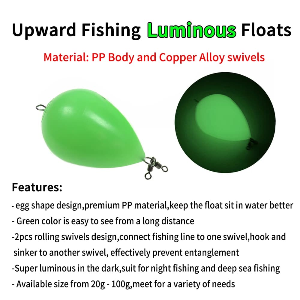 Bobber lumineux œuf vert 20g à 100g pour pêche de nuit et grande distance en mer