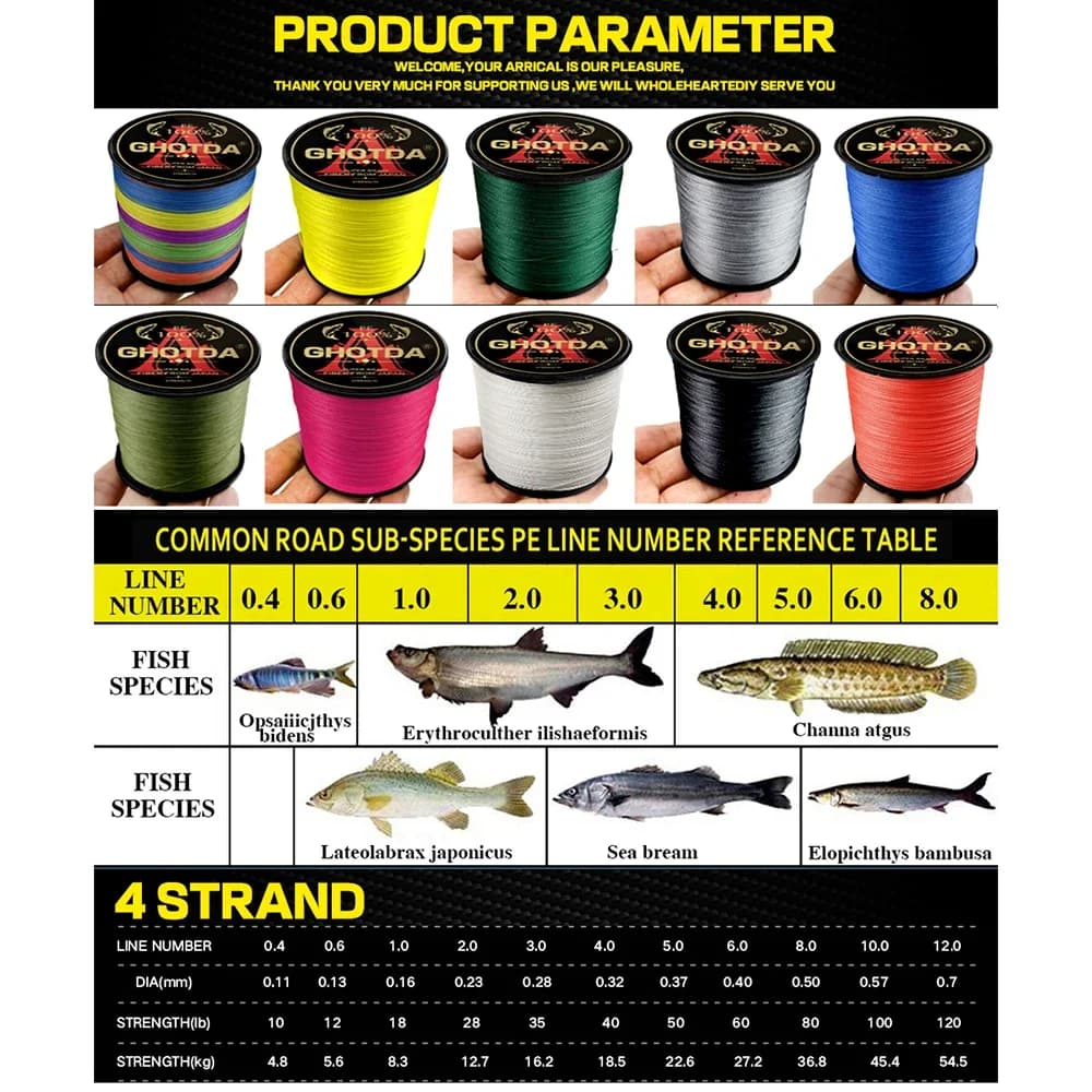 Ligne de pêche GHOTDA multifilament 4 brins 10-120lb pour carpe, bobine 300m 500m 1000m