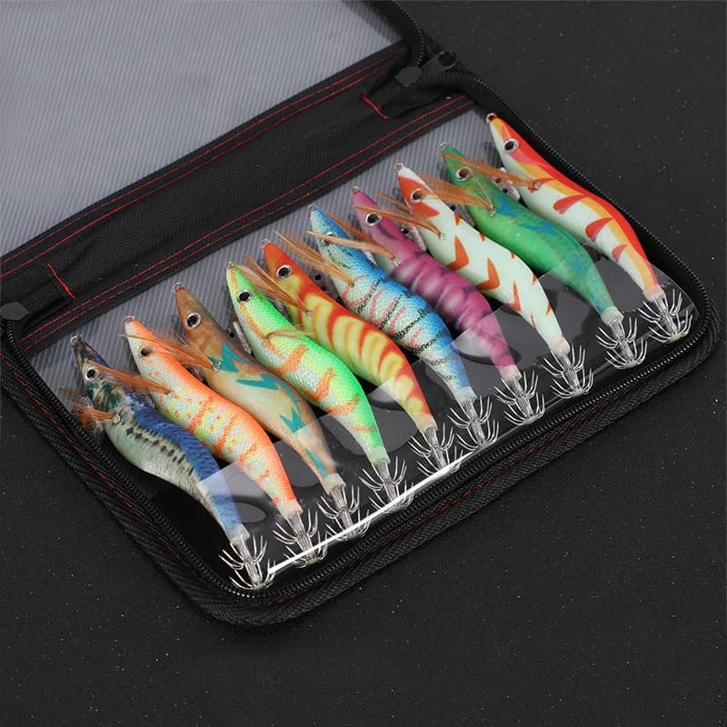Leurre pêche crevette bois lumineux 3D yeux appât dur wobbleur leurre calmar 10 pièces