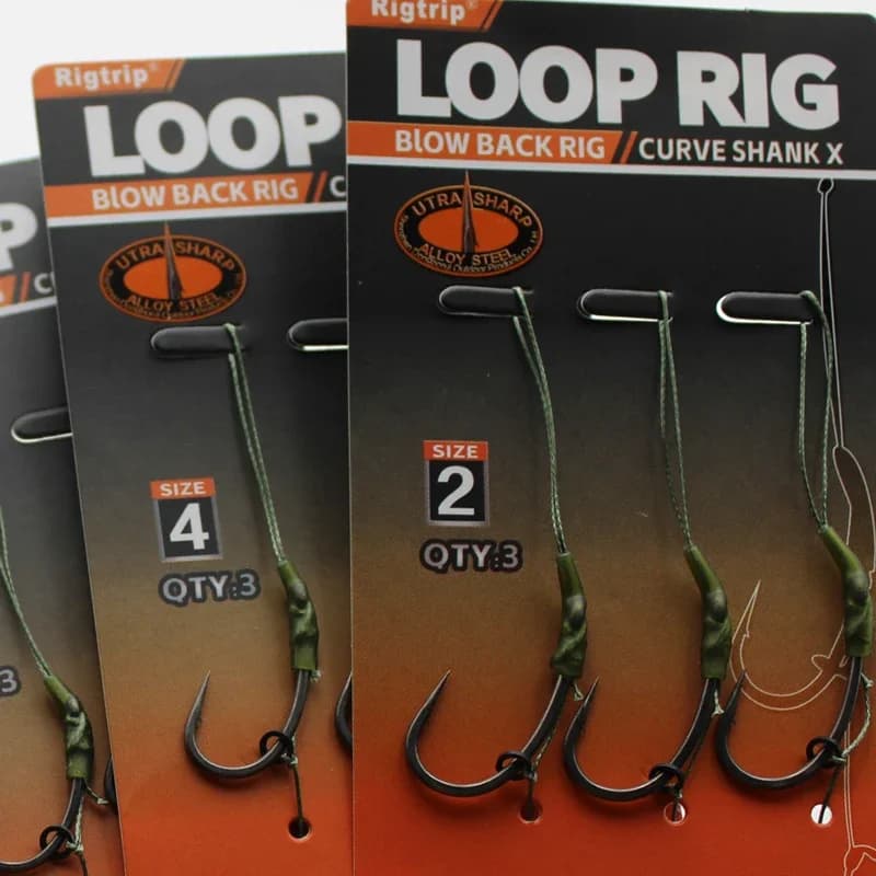Kit pêche carpe 3 montages loop rig avec hameçons courbes taille 2 4 6 et anti-emmêlement