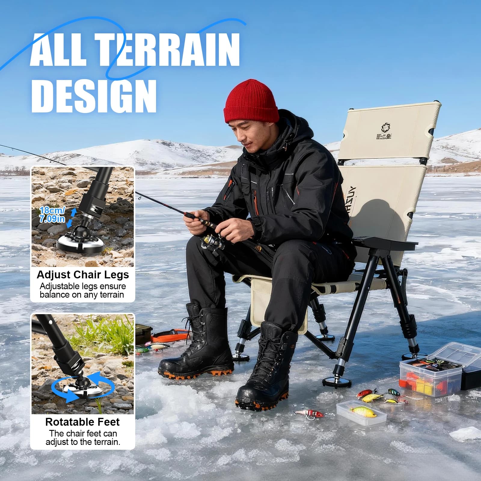 Chaise pêche sur glace pliante avec set accessoires compacte portable pique-nique camping