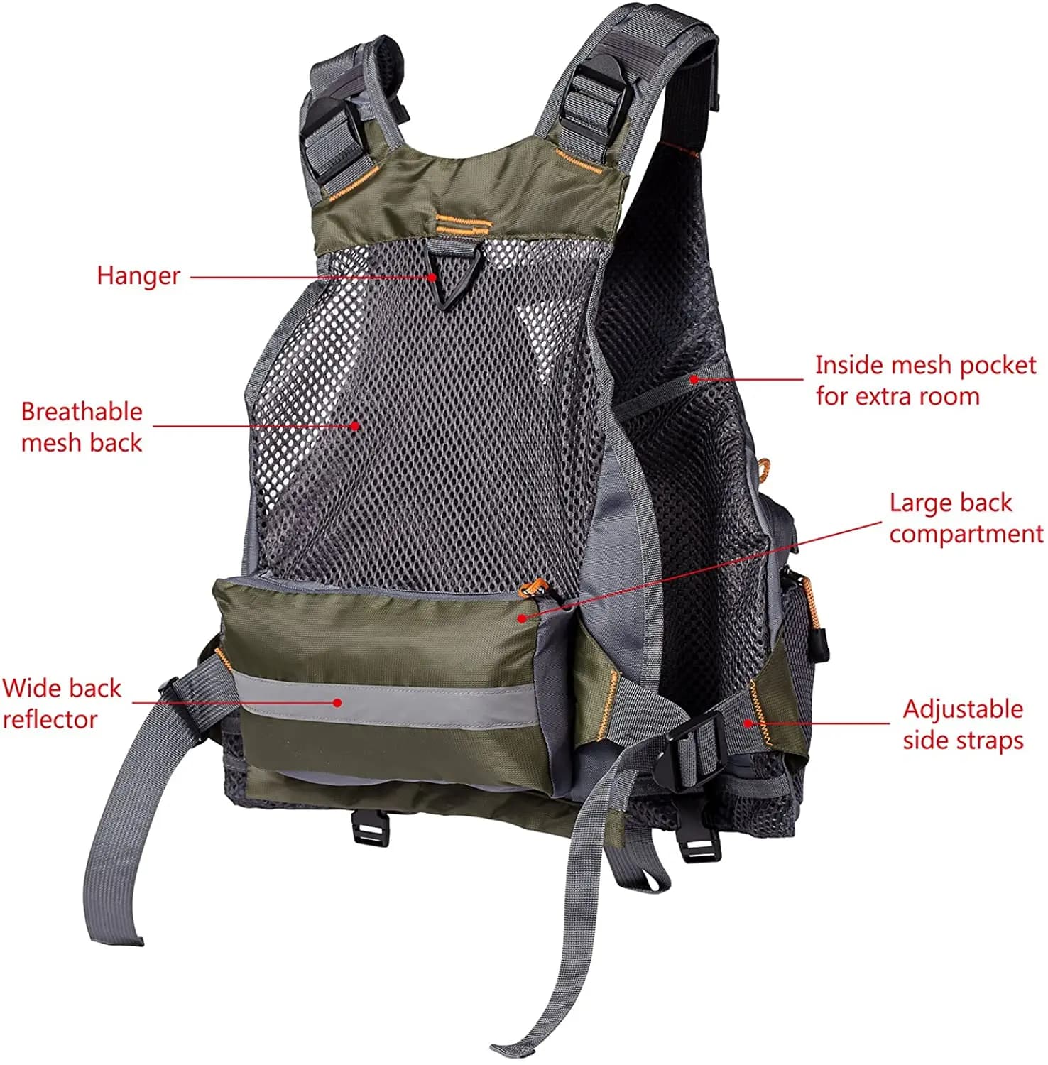 Gilet de pêche respirant léger ajustable sports extérieur natation rangement matériel pêche