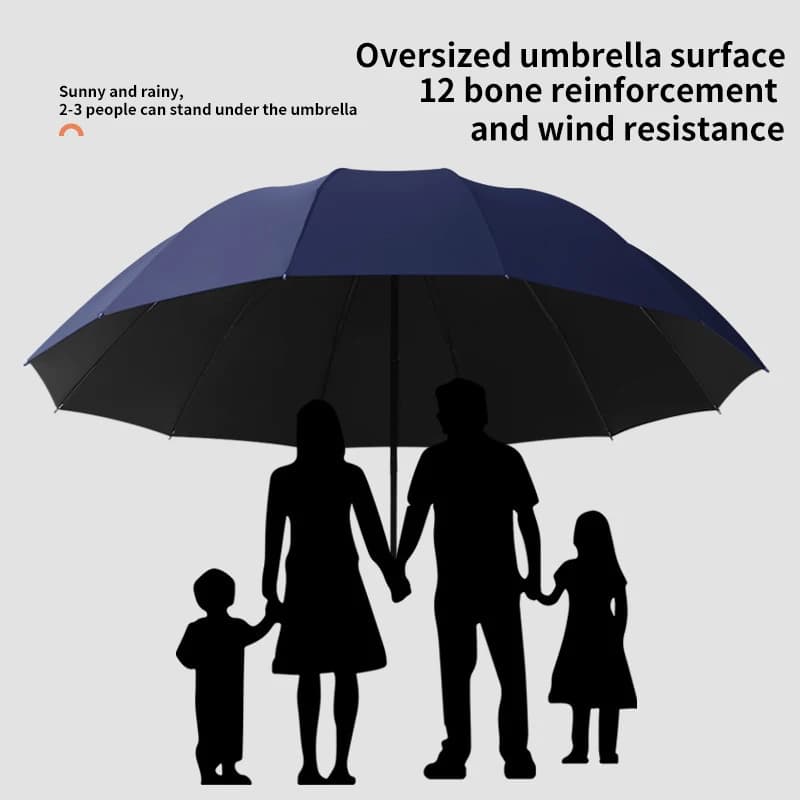 Grand parapluie pliable noir 12 baleines renforcées protection solaire robuste mixte manuel