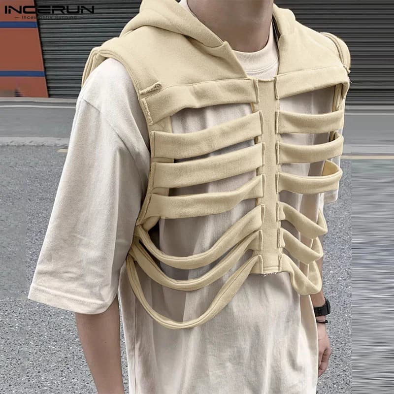 Gilet déconstruit os drôle homme 2024 - Waistcoat à capuche style casual pêche personnalité S-5XL