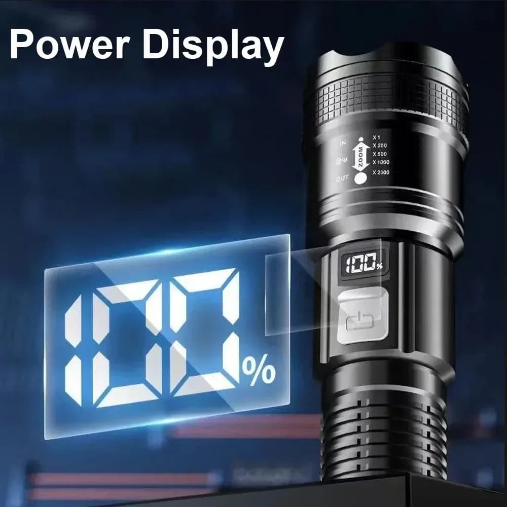 Lampe torche tactique 300000LM avec écran LED rechargeable USB pour défense, pêche et camping