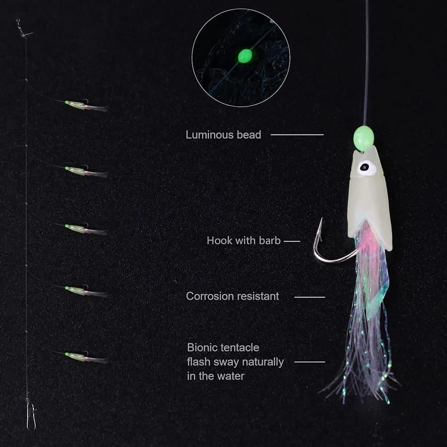 Lot de 10 montages sabiki mer avec peau de poisson réelle et effet luminescent pour pêche du maquereau