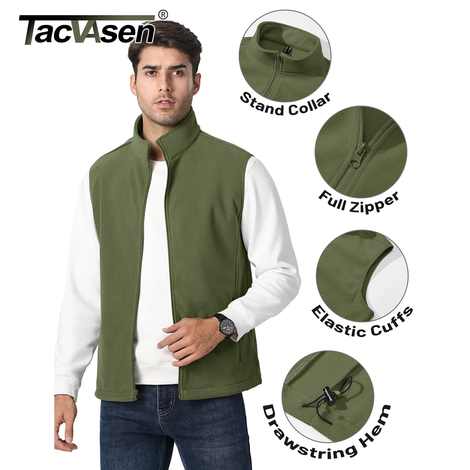 Veste polaire sans manches TACVASEN col montant pour pêche et randonnée printemps automne