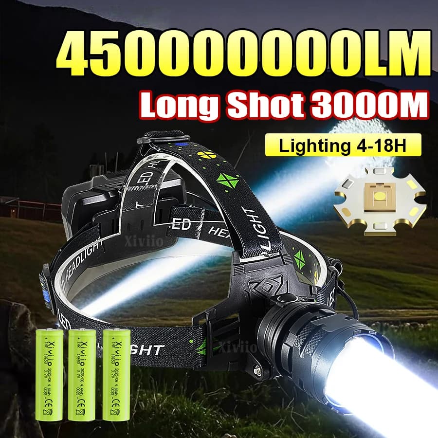 Lampe frontale 450000000LM ultra puissante portée 3000m rechargeable pour pêche et chasse nocturne
