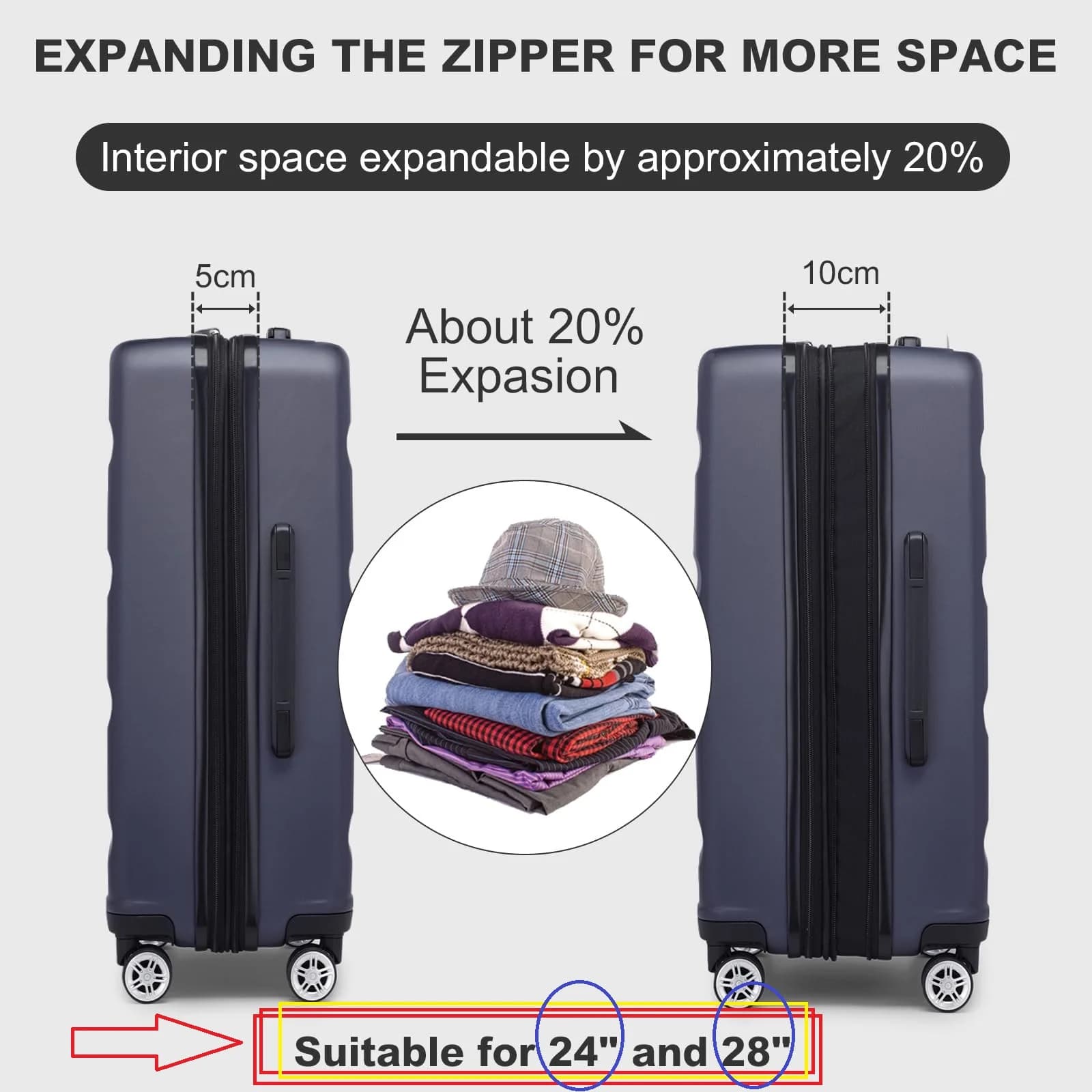 Valise cabine KONO légère avec roues 360° et serrure TSA - Bagage à main 55/65/75cm pour voyages et pêche
