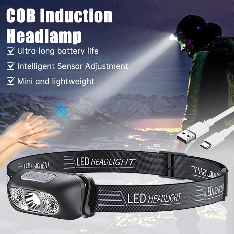 Lampe frontale LED portable détecteur USB rechargeable pêche camping urgences étanche