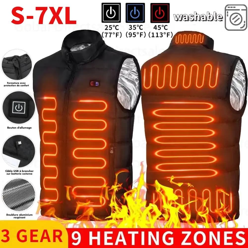 Veste chauffante 9 zones électrique USB - Manteau graphene pêche outdoor hommes femmes sport hiver