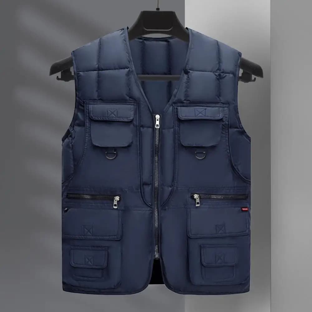 Gilet homme sans manches duvet 10 poches cargo zippé coupe-vent chaud veste multi-poches pêche