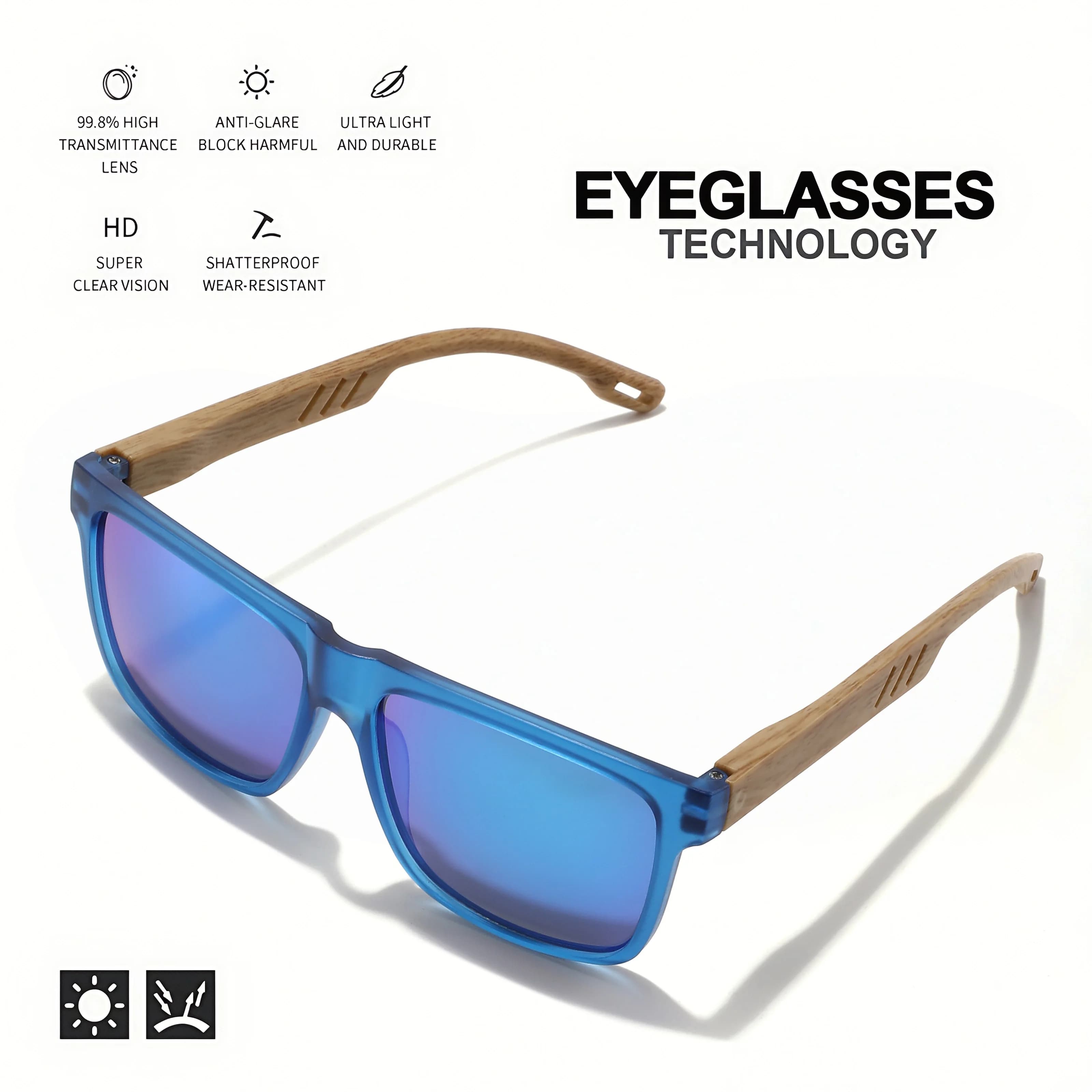 Lunettes de soleil unisex carrées bois - Charnière ressort UV400 pour conduite et randonnée