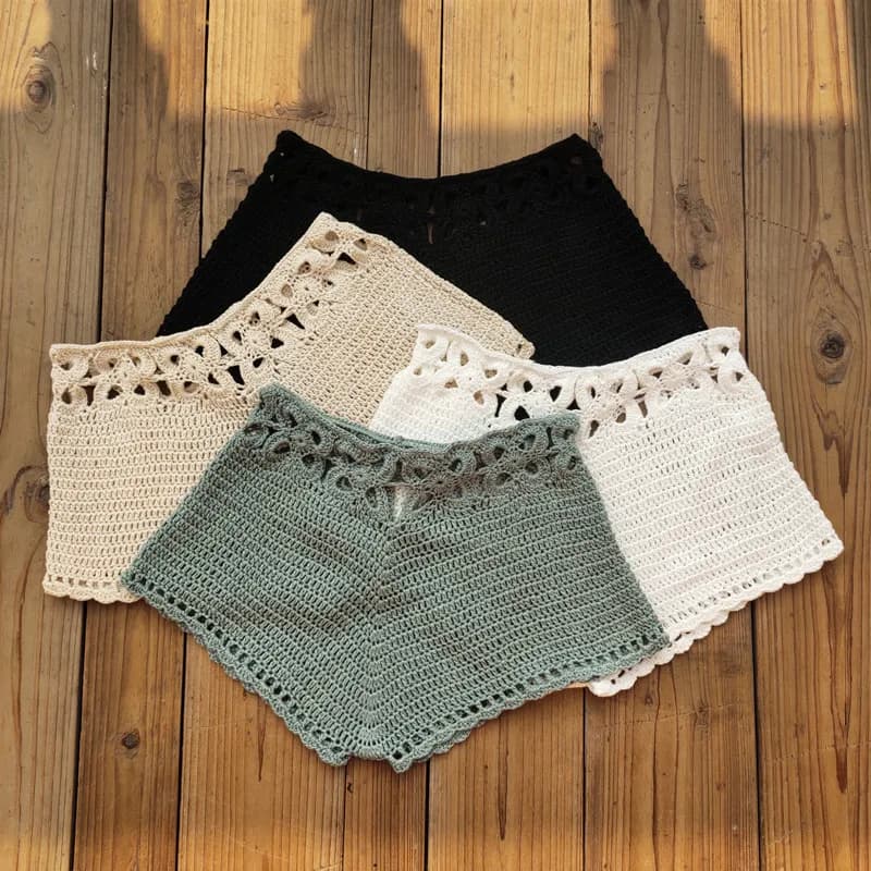 Short de bain crocheté femme été avec découpes - Maillot de bain style plage à cordon
