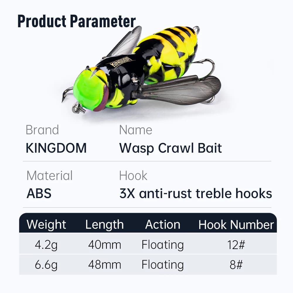 Leurre dur flottant insecte Wasp Crawl 4.2g et 6.6g pour la pêche du brochet et du black bass