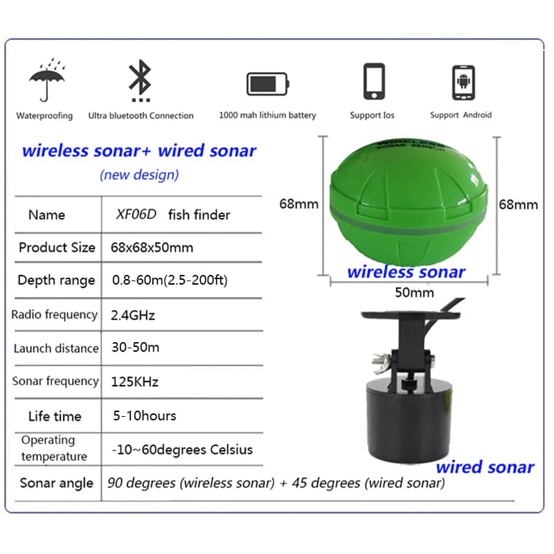 Sondeur poissons Bluetooth portable sans fil échosondeur capteur profondeur pour pêche lac mer iOS Android