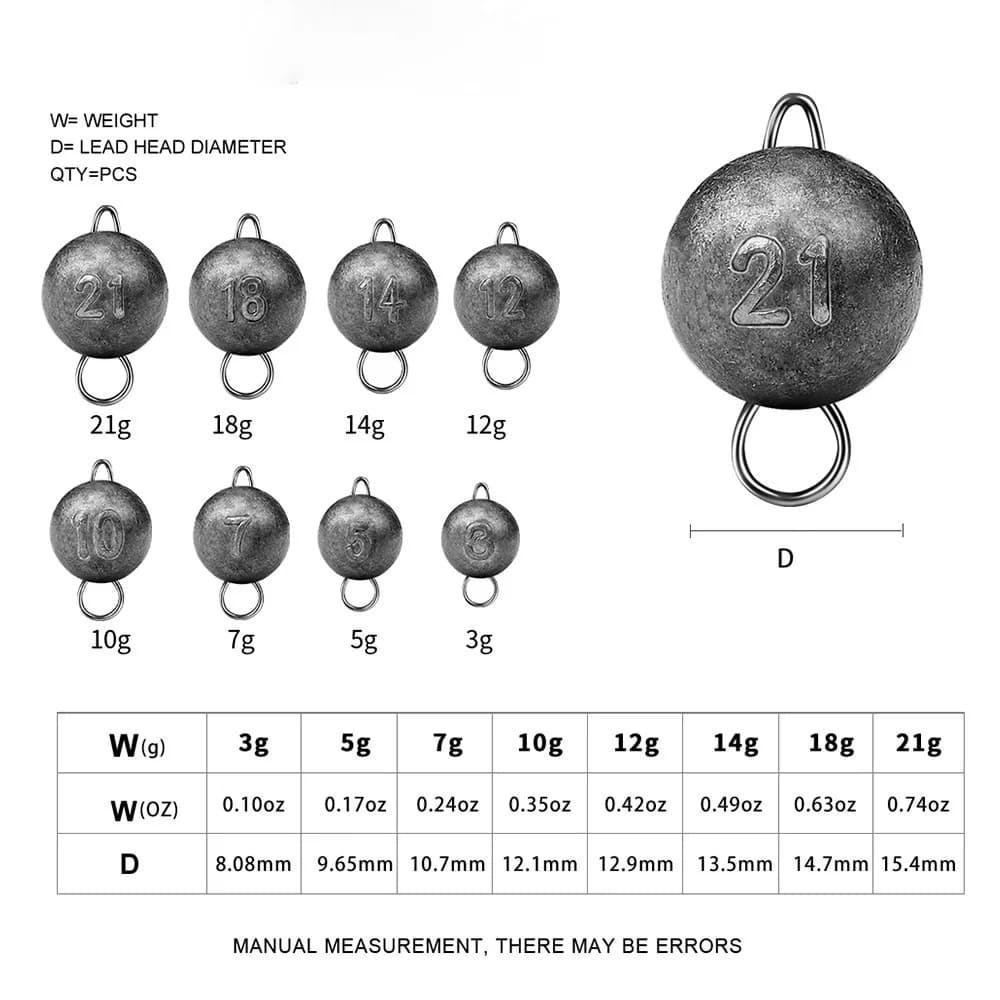 Plombs tête ronde 8 poids 3g-21g - Sinkers plombés pour leurres pêche carnassiers