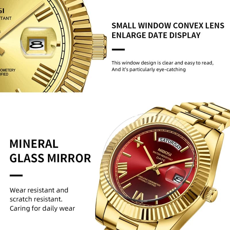 Montre homme NIBOSI luxe or rouge quartz étanche pêcheur affichage date semaine lisible pêche