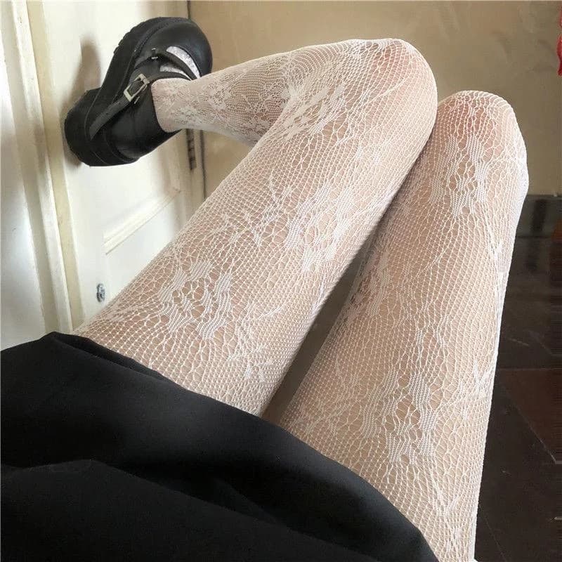 Collants résille blanc noir ajourés fond floral pour pêche confort basique sous-vêtements femme