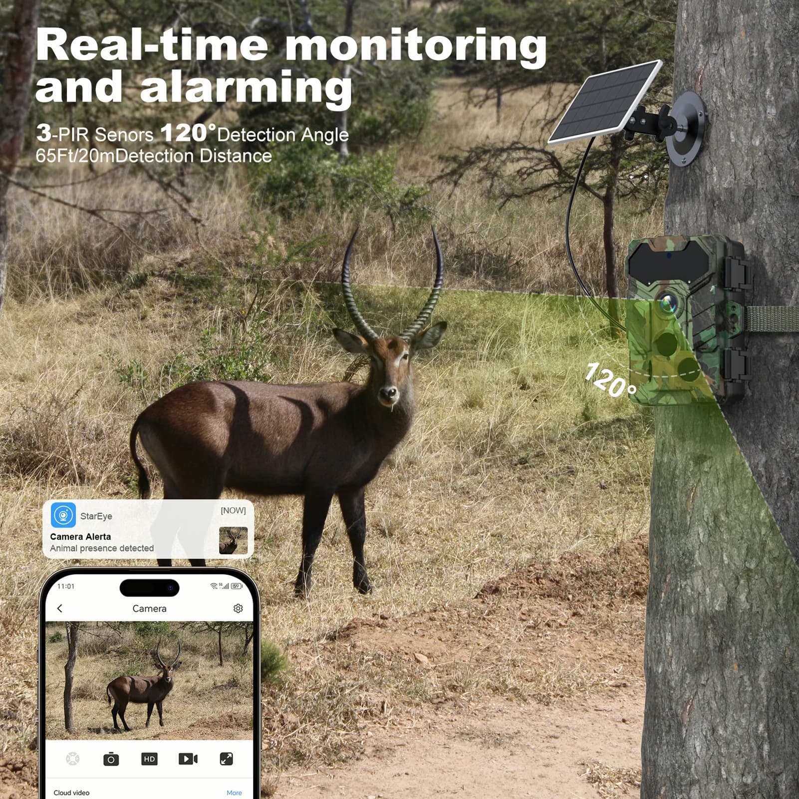 Caméra solaire sans fil WiFi 32MP vision nocturne IR - IP66 étanche pour chasse faune connectée