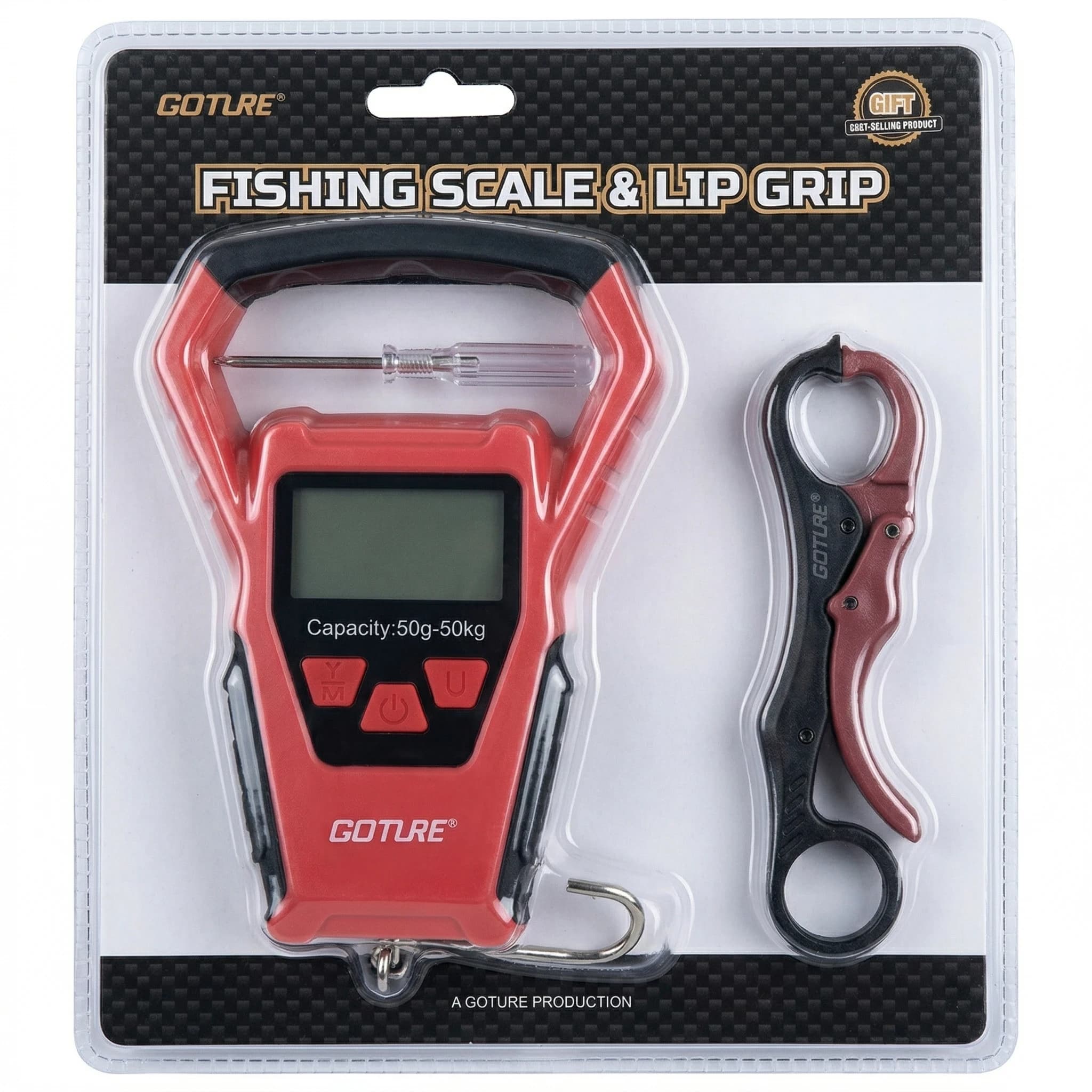Balance digitale de pêche Goture 50kg avec pince à lèvres - Pèse-poisson électronique avec mètre ruban intégré