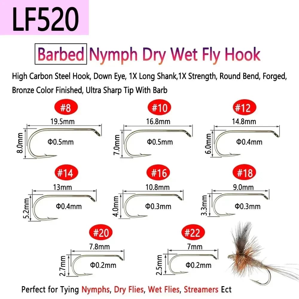 Hameçons de mouche Bimoo 100 pièces 1#-22# barbelés et sans barbes pour pêche à la mouche sèche