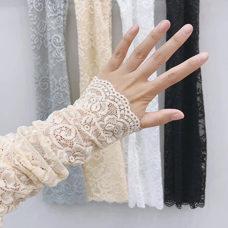Manchons bras été soie glacée dentelle protection UV pêche conduite gants sans doigts noir blanc