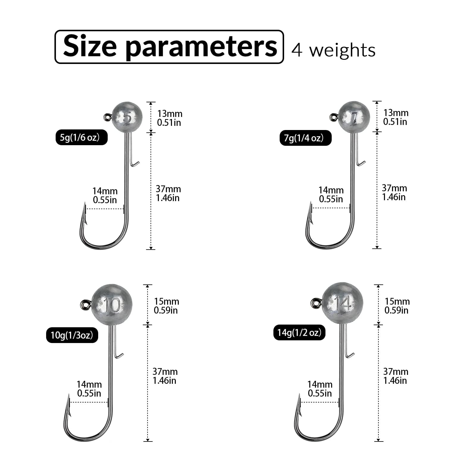 5 hameçons plombés 14g weedless pour vers souples avec tête sphérique anti-herbiers