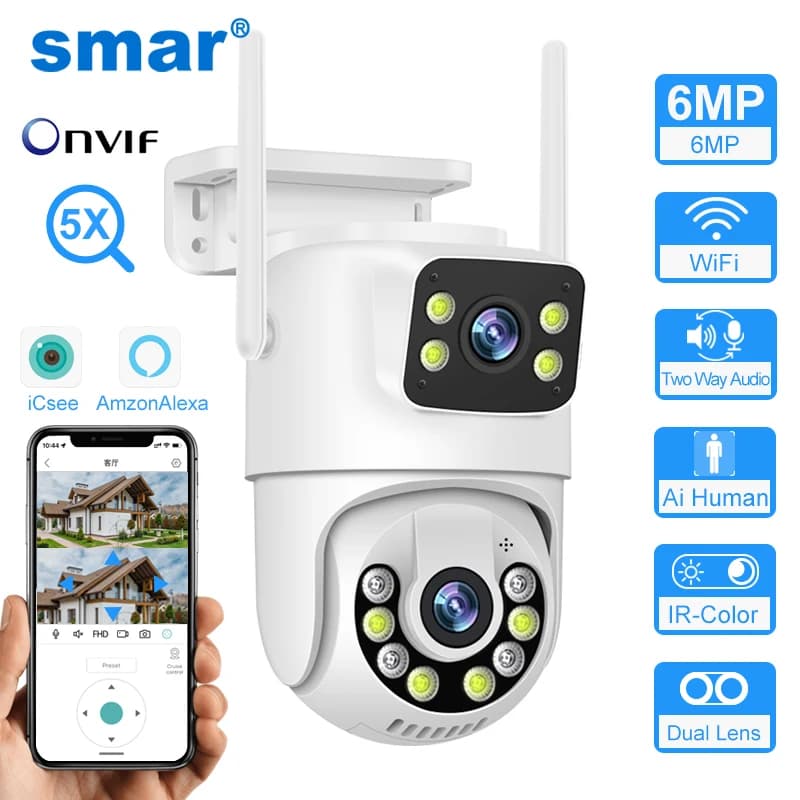 Caméra PTZ WiFi double objectif 6MP - Surveillance sécurité extérieure pêche auto-tracking