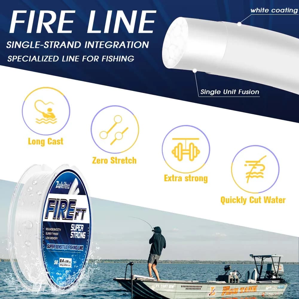 Ligne de pêche microfusée ZUKIBO FIRE FT monofilament haute résistance pour pêche fine et glace